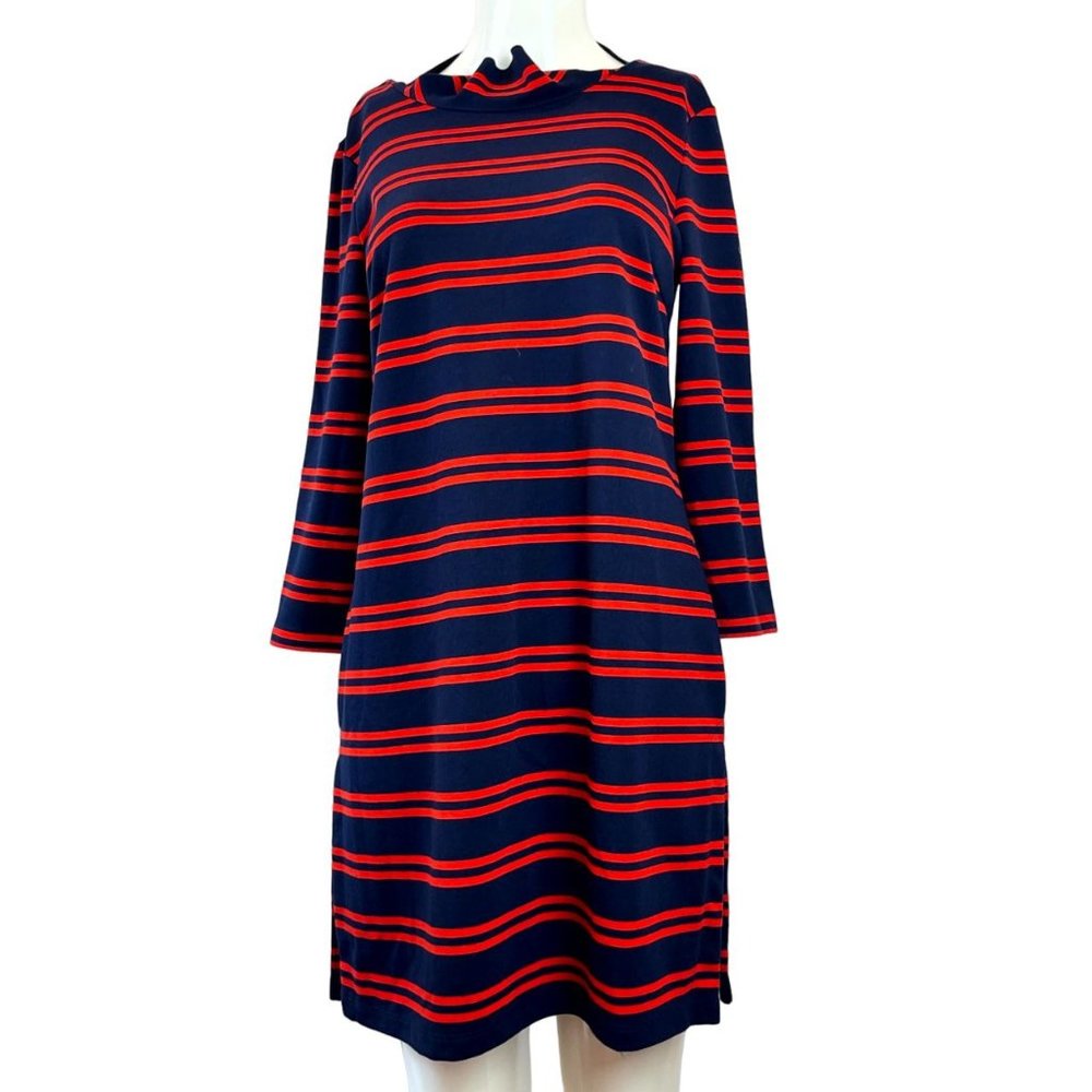 Halogen Women Striped Sweater Dress Stretch Side Slit Cowl Neck Blue Red Size S